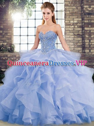 Lace Up Quinceanera Dress Lavender for Military Ball and Sweet 16 and Quinceanera with Beading and Ruffles Brush Train
