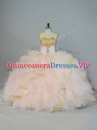 Dynamic Floor Length Lace Up Sweet 16 Quinceanera Dress Peach for Sweet 16 and Quinceanera with Beading and Ruffles