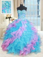 Stunning Sweetheart Sleeveless Quince Ball Gowns Floor Length Beading and Appliques and Ruffles Multi-color Organza