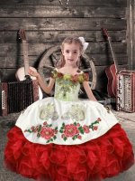 Floor Length White And Red Evening Gowns Organza Sleeveless Beading and Embroidery and Ruffles