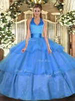 Baby Blue Quinceanera Dress Military Ball and Sweet 16 and Quinceanera with Ruffled Layers Halter Top Sleeveless Lace Up(SKU SJQDDT1650002-2BIZ)