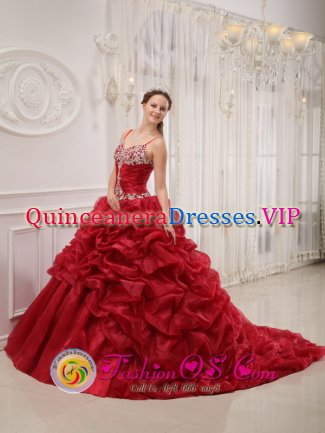 Brand New Wine Red Spaghetti Straps Quinceanera Dress For Colebrook New hampshire/NH Beading Court Train Organza Ball Gown