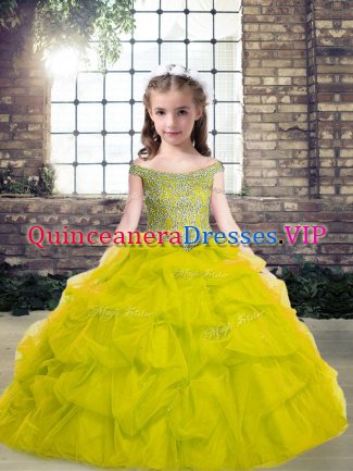 Low Price Floor Length Green Little Girls Pageant Dress Wholesale Tulle Sleeveless Beading