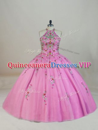Halter Top Sleeveless Tulle Quinceanera Dresses Appliques and Embroidery Brush Train Lace Up