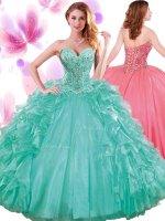 Hot Selling Pick Ups Sweetheart Sleeveless Lace Up Quinceanera Dresses Turquoise Organza