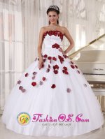 Newport Kentucky/KY Formal White and Wine Red Quinceanera Dress For Strapless Tulle Beading and Hand Made Flowers