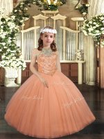 Stunning Sleeveless Floor Length Beading Lace Up Child Pageant Dress with Peach