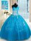 Stylish One Shoulder Sleeveless 15th Birthday Dress Floor Length Appliques Baby Blue Tulle and Sequined
