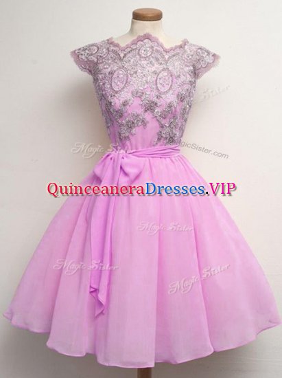 Knee Length Lilac Court Dresses for Sweet 16 Chiffon Cap Sleeves Lace and Belt - Click Image to Close