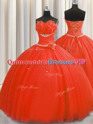 Handcrafted Flower Floor Length Ball Gowns Sleeveless Coral Red Sweet 16 Dress Lace Up