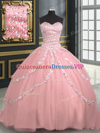 Eye-catching Sweetheart Sleeveless Quinceanera Dress With Brush Train Beading and Appliques Pink Tulle - Click Image to Close