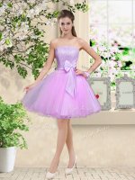 Sleeveless Knee Length Lace and Belt Lace Up Damas Dress with Lilac