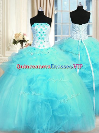 Sleeveless Floor Length Pick Ups and Hand Made Flower Lace Up Quinceanera Gowns with Aqua Blue - Click Image to Close