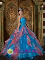 Rattery Devon Remarkable Sky Blue and Watermelon Red Lace Up Beading and Ruffles Decorate Bodice For Quinceanera Dress Strapless Organza Ball Gown