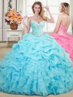Pick Ups Ball Gowns 15 Quinceanera Dress Aqua Blue Sweetheart Organza Sleeveless Floor Length Lace Up(SKU SJQDDT870002-1BIZ)