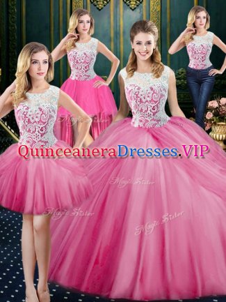 Fitting Four Piece Scoop Floor Length Zipper Quinceanera Gowns Rose Pink for Military Ball and Sweet 16 and Quinceanera with Lace and Appliques and Pick Ups