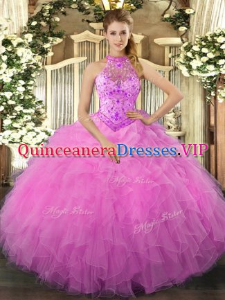 Customized Sleeveless Floor Length Beading and Ruffles Lace Up Sweet 16 Quinceanera Dress with Rose Pink