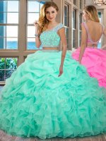 Scoop Apple Green Cap Sleeves Organza Backless Quinceanera Gowns for Military Ball and Sweet 16 and Quinceanera(SKU SXQD111BIZ)