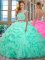 Scoop Apple Green Cap Sleeves Organza Backless Quinceanera Gowns for Military Ball and Sweet 16 and Quinceanera