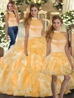 Super Three Pieces Ball Gown Prom Dress Gold Halter Top Organza Sleeveless Floor Length Backless