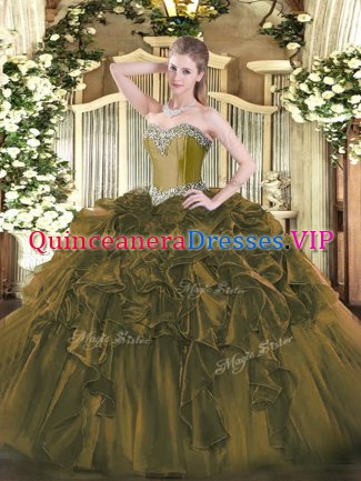 Organza Sweetheart Sleeveless Lace Up Beading and Ruffles 15th Birthday Dress in Olive Green