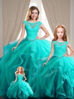 Perfect Aqua Blue Lace Up 15th Birthday Dress Cap Sleeves Beading