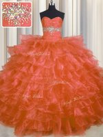 Captivating Orange Red Ball Gowns Organza Sweetheart Sleeveless Beading and Ruffled Layers Floor Length Lace Up Quinceanera Dress