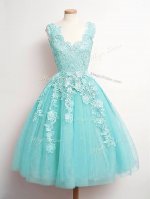 Sexy Aqua Blue Lace Up V-neck Lace Court Dresses for Sweet 16 Tulle Sleeveless(SKU SWBD157-2BIZ)