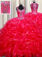 Edgy Red Ball Gowns Organza Straps Sleeveless Beading and Ruffles Floor Length Zipper Quinceanera Dresses