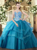 Teal Ball Gowns Beading and Ruffled Layers 15 Quinceanera Dress Lace Up Tulle Sleeveless Floor Length