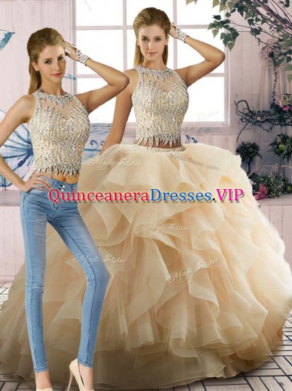 Champagne Two Pieces Tulle Scoop Sleeveless Beading and Ruffles Floor Length Zipper 15th Birthday Dress - Click Image to Close