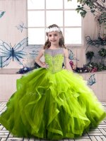 Most Popular Scoop Sleeveless Little Girls Pageant Dress Wholesale Floor Length Beading and Ruffles Olive Green Tulle