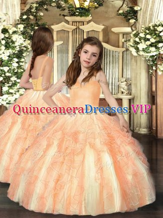 High End Floor Length Orange Little Girl Pageant Gowns Tulle Sleeveless Ruffles