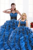 Royal Blue Organza Lace Up Sweetheart Sleeveless Floor Length 15th Birthday Dress Beading and Appliques and Ruffles