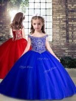 Elegant Royal Blue Lace Up Kids Formal Wear Beading Sleeveless Floor Length