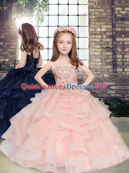 Excellent Straps Sleeveless Little Girls Pageant Dress Wholesale Floor Length Beading and Ruffles Peach Tulle - Click Image to Close