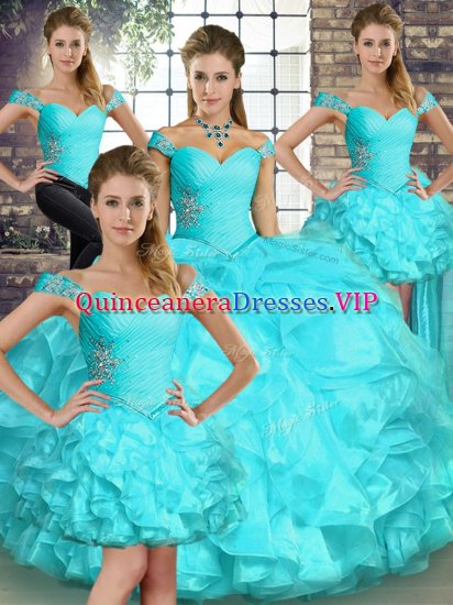 Top Selling Aqua Blue 15 Quinceanera Dress Military Ball and Sweet 16 and Quinceanera with Beading and Ruffles Off The Shoulder Sleeveless Lace Up - Click Image to Close