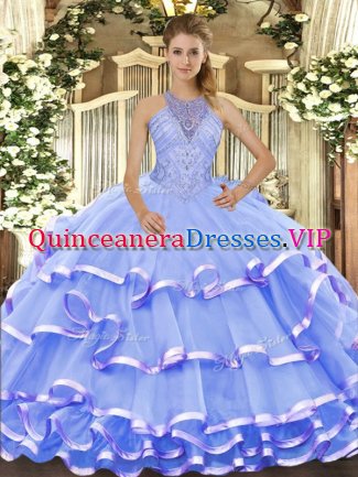 Halter Top Sleeveless Organza Quince Ball Gowns Beading and Ruffled Layers Lace Up