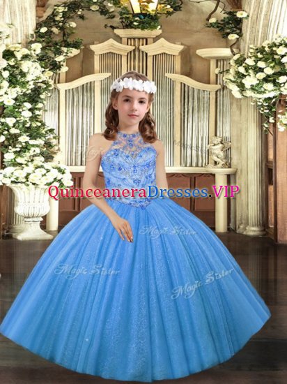 Super Beading Little Girl Pageant Gowns Baby Blue Lace Up Sleeveless Floor Length - Click Image to Close