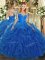 Blue Scoop Neckline Lace and Ruffles Vestidos de Quinceanera Long Sleeves Lace Up