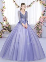 Lavender Lace Up V-neck Lace and Appliques Sweet 16 Quinceanera Dress Tulle Long Sleeves