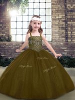 Brown Tulle Lace Up Girls Pageant Dresses Sleeveless Floor Length Beading