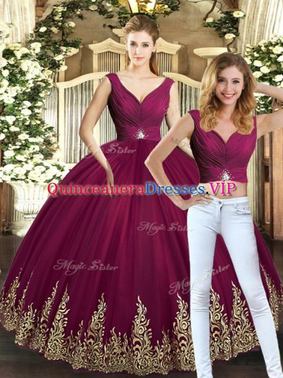 Sumptuous Floor Length Burgundy Sweet 16 Quinceanera Dress Tulle Sleeveless Beading and Appliques - Click Image to Close
