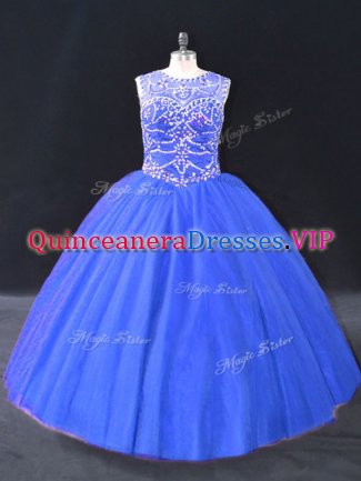 Ball Gowns Quinceanera Dresses Blue Scoop Tulle Sleeveless Floor Length Lace Up