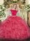 Ideal Coral Red Zipper Off The Shoulder Appliques and Ruffles Sweet 16 Dress Organza Short Sleeves