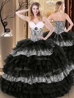 Sleeveless Organza and Printed Floor Length Lace Up Quince Ball Gowns in Black with Ruffled Layers and Pattern