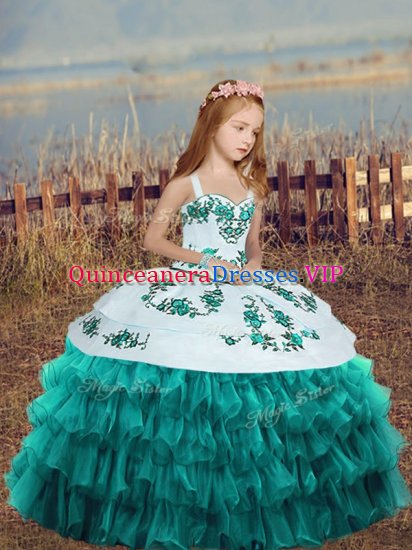 Beauteous Teal Ball Gowns Straps Sleeveless Organza Floor Length Lace Up Embroidery and Ruffled Layers Little Girls Pageant Gowns - Click Image to Close