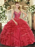 Shining Tulle Sleeveless Floor Length Military Ball Dresses For Women and Beading and Ruffles