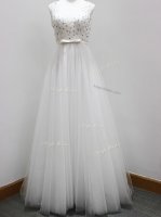 White Tulle Zipper V-neck Sleeveless Dama Dress for Quinceanera Brush Train Beading and Belt