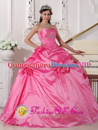 Pudasjarvi Finland Beading and Flowers Decorate Modest Hot Pink Quinceanera Dress With Sweetheart Neckline